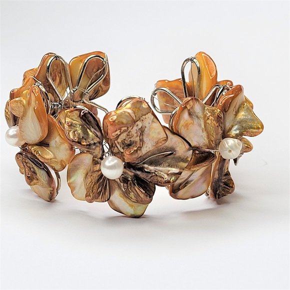 Orange Adjustable Cuff Bracelet with with Dyed Shell Petals & Pearls Bangle - Picture 1 of 15